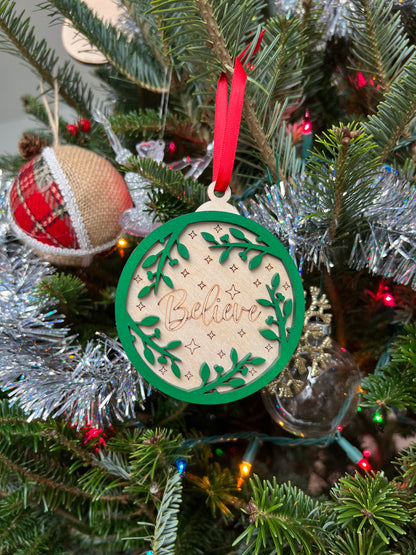 Believe 3D Ornament | Birch and Color | Laser Cut and Engraved | Personalized