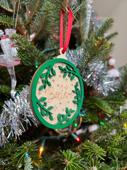 Believe 3D Ornament | Birch and Color | Laser Cut and Engraved | Personalized