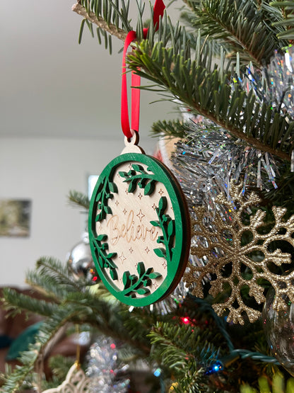 Believe 3D Ornament | Birch and Color | Laser Cut and Engraved | Personalized