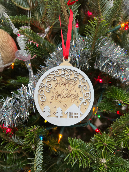 Happy Holidays 3D Ornament | Birch and Color | Laser Cut and Engraved | Personalized