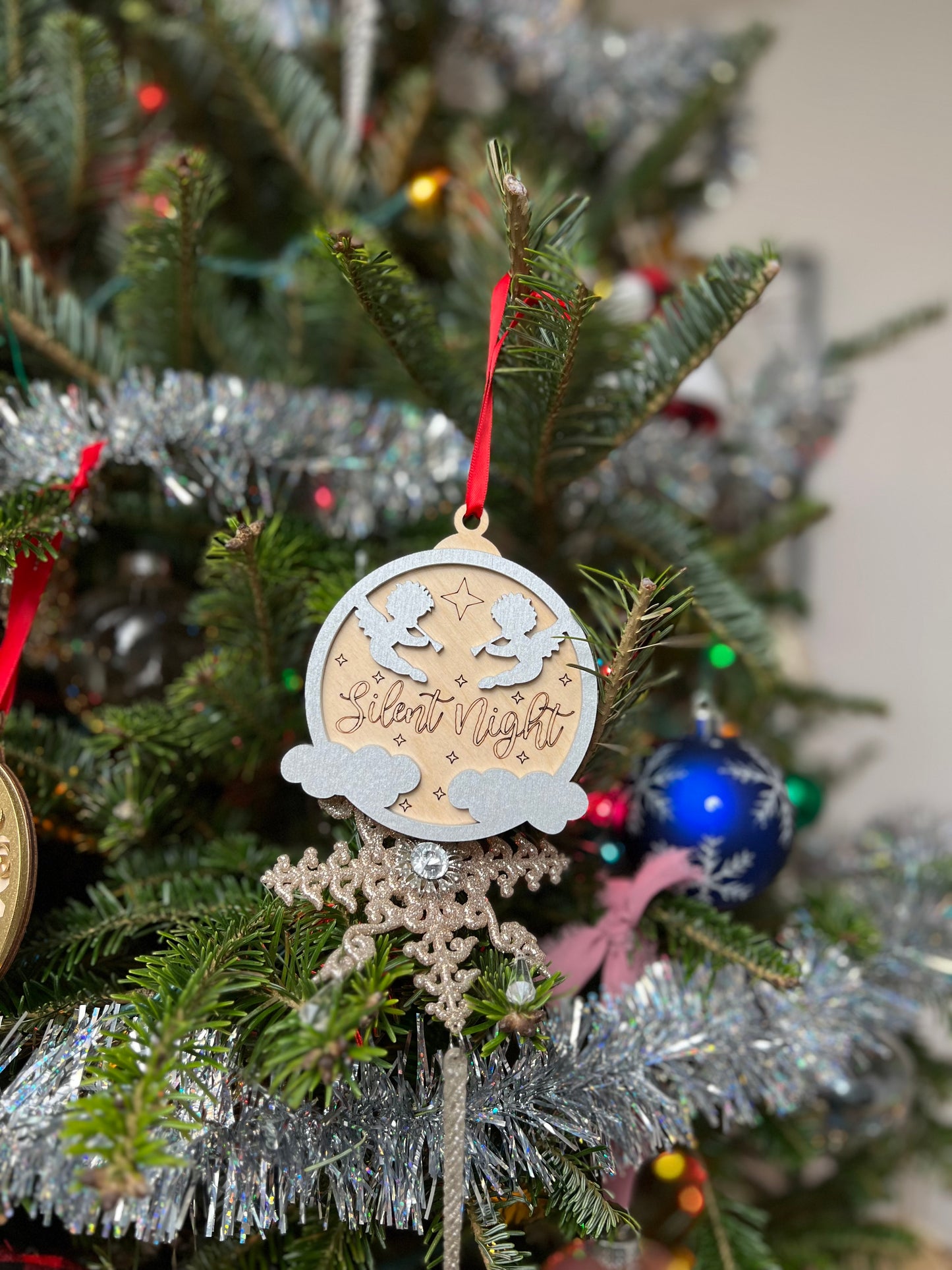 Silent Night 3D Ornament | Birch and Color | Laser Cut and Engraved | Personalized