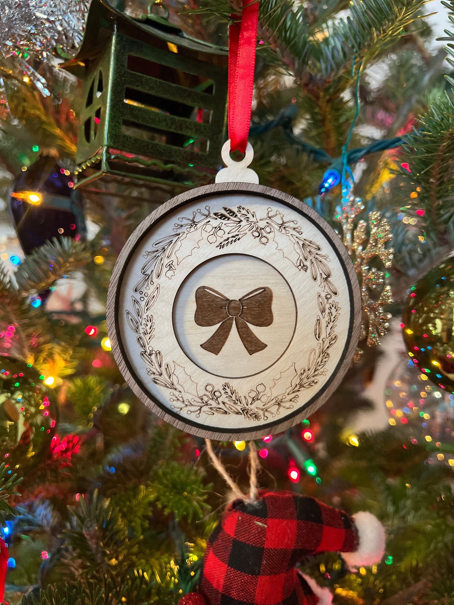 Bow Wooden 3D Ornament | Walnut and Maple | Laser Cut and Engraved