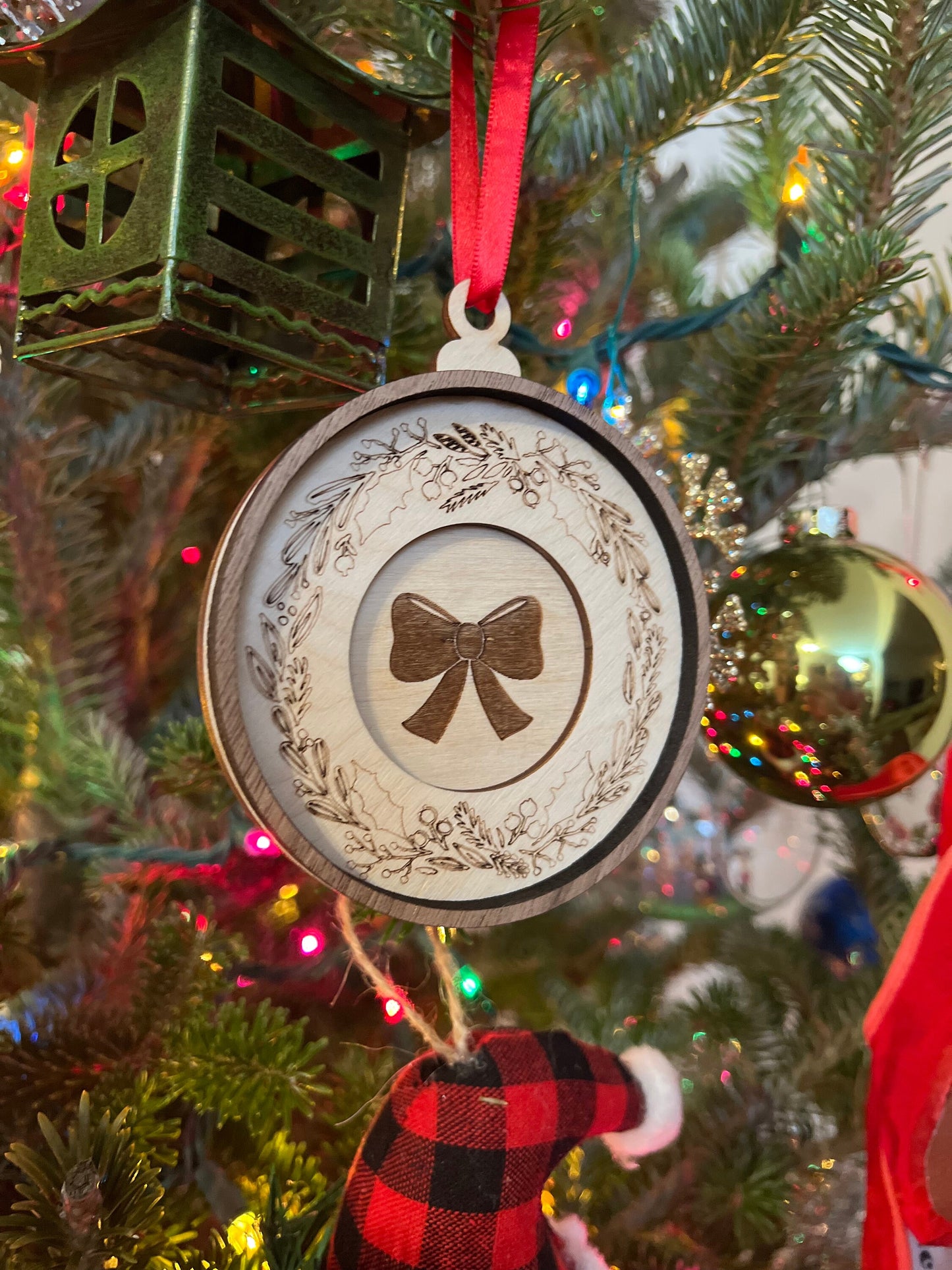 Bow Wooden 3D Ornament | Walnut and Maple | Laser Cut and Engraved