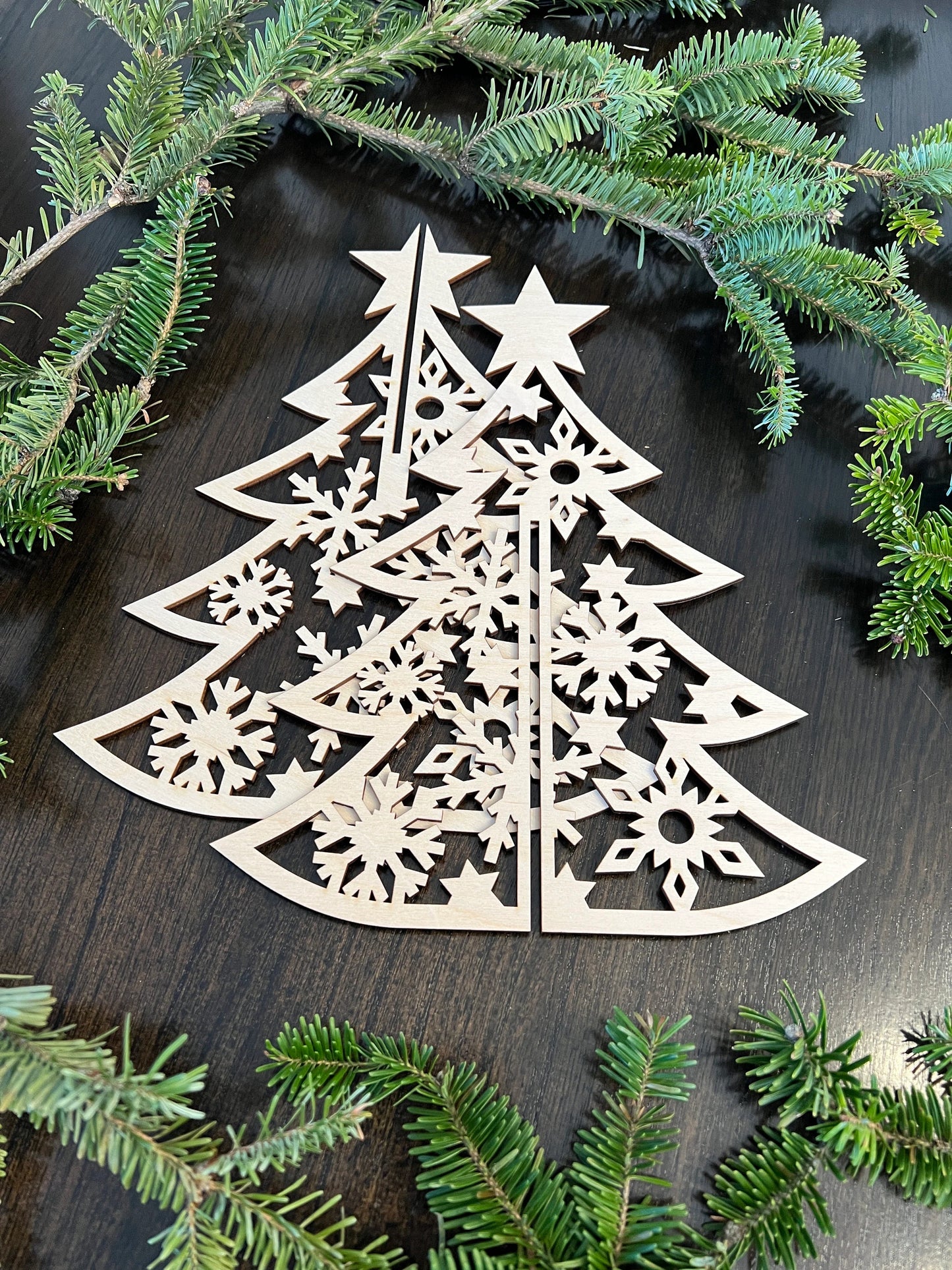 Laser Cut Wooden Christmas Tree | Inverted Snowflakes