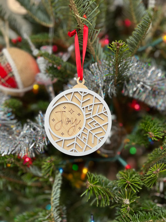 Joy 3D Ornament | Birch and Color | Laser Cut and Engraved | Personalized