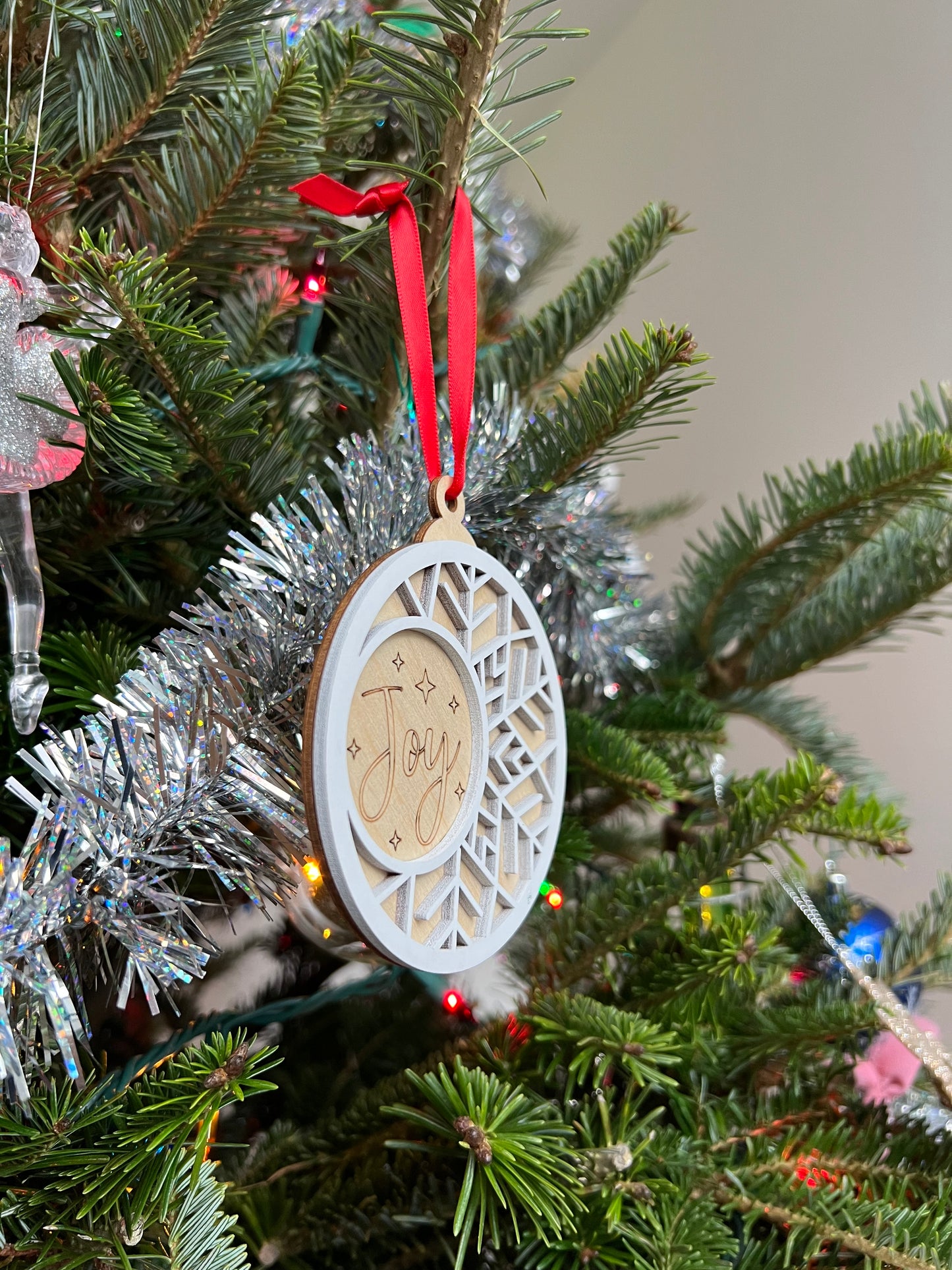 Joy 3D Ornament | Birch and Color | Laser Cut and Engraved | Personalized