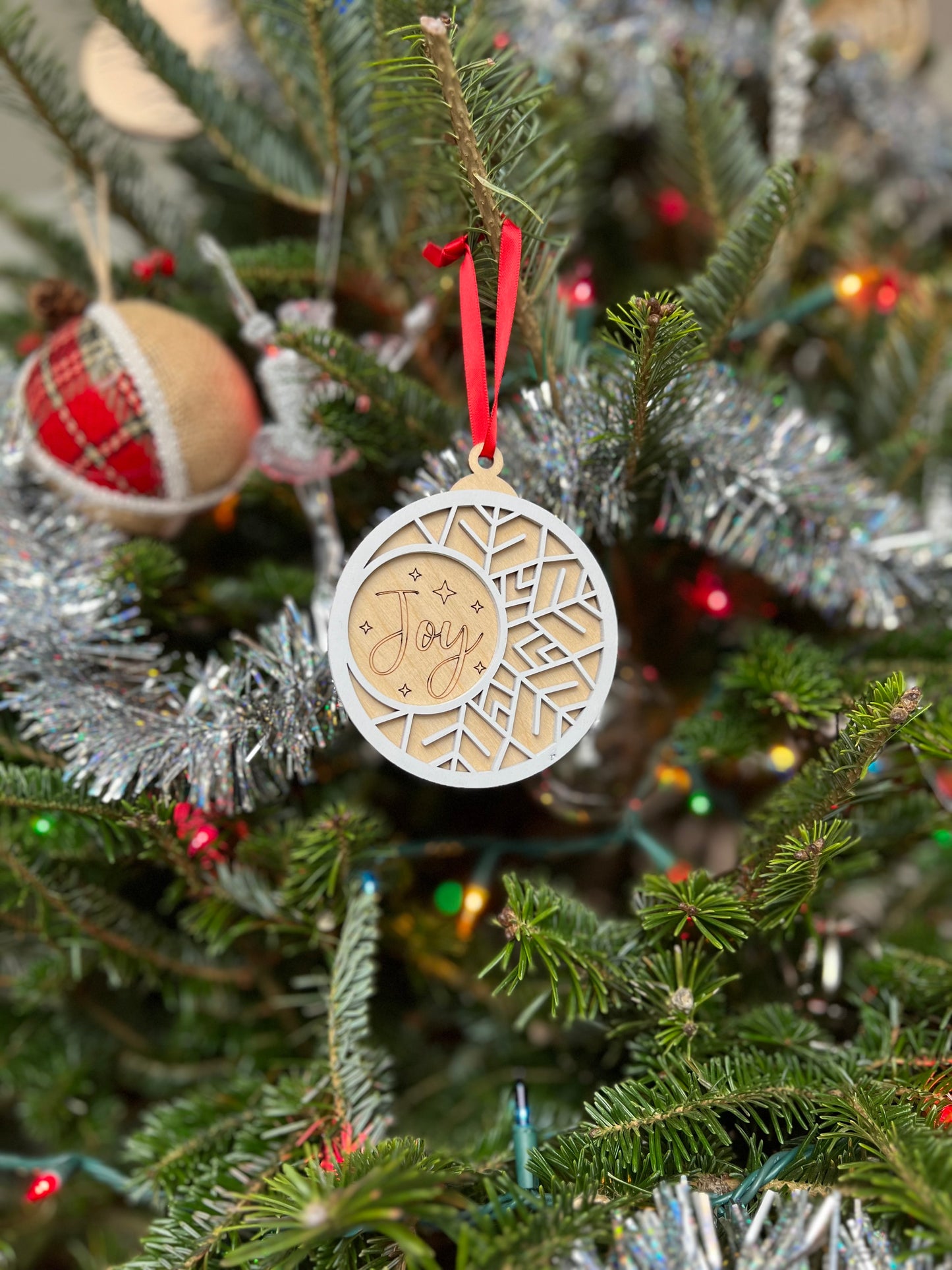 Joy 3D Ornament | Birch and Color | Laser Cut and Engraved | Personalized