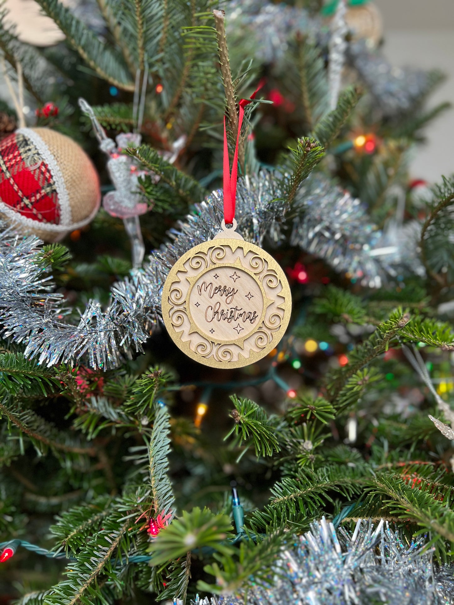 Merry Christmas 3D Ornament | Birch and Color | Laser Cut and Engraved | Personalized