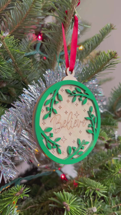 Believe 3D Ornament | Birch and Color | Laser Cut and Engraved | Personalized