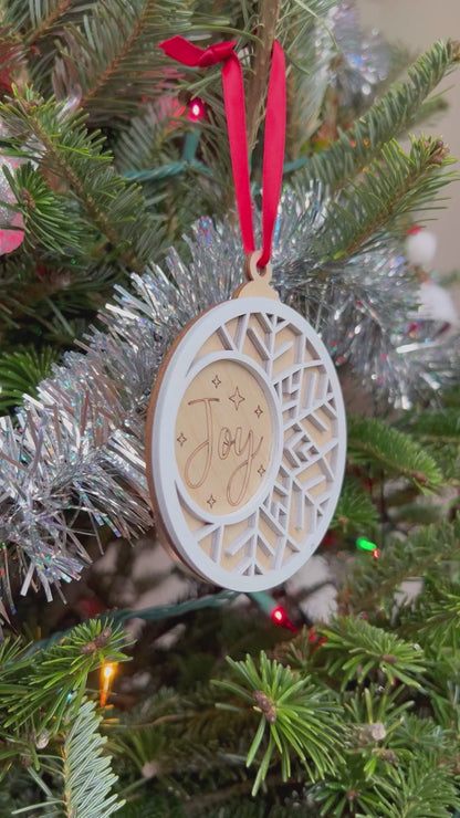 Joy 3D Ornament | Birch and Color | Laser Cut and Engraved | Personalized