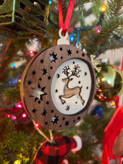 Reindeer Wooden 3D Ornament | Walnut and Maple | Laser Cut and Engraved