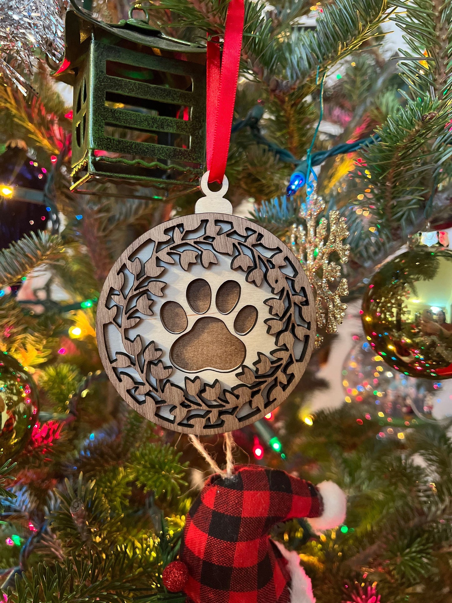 Paw Print Wooden 3D Ornament | Walnut and Maple | Laser Cut and Engraved