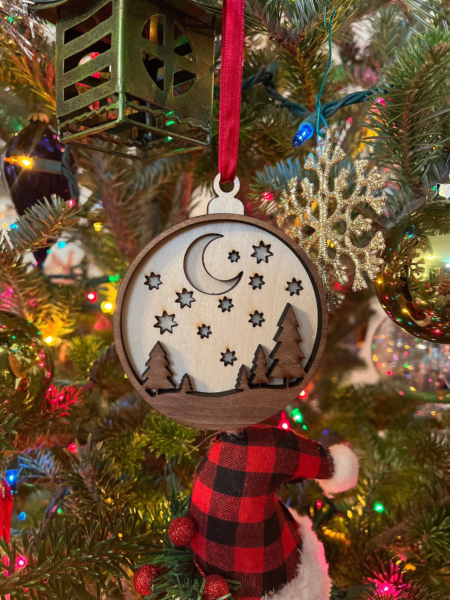 Starry Trees Wooden 3D Ornament | Walnut and Maple | Laser Cut and Engraved