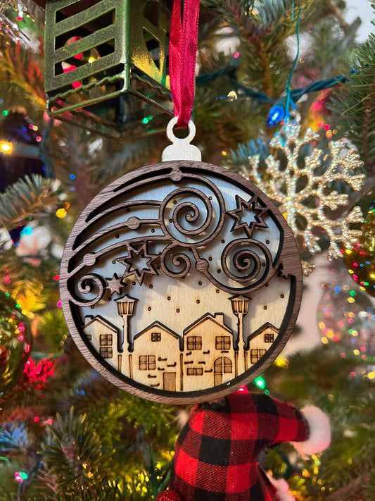 Snowy Town Wooden 3D Ornament | Walnut and Maple | Laser Cut and Engraved