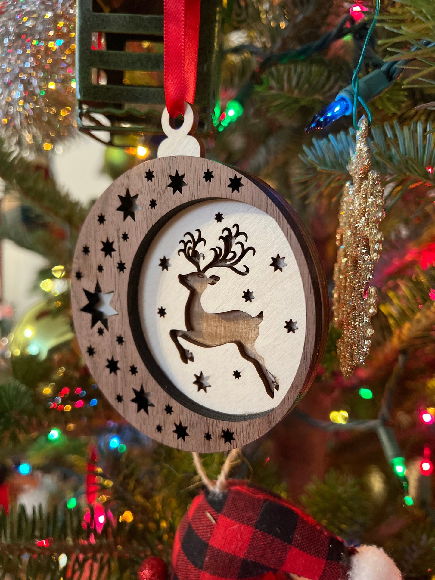 Reindeer Wooden 3D Ornament | Walnut and Maple | Laser Cut and Engraved