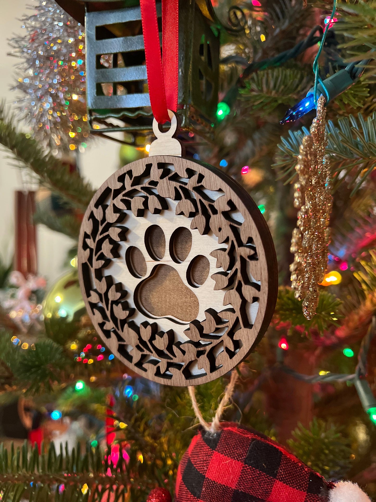 Paw Print Wooden 3D Ornament | Walnut and Maple | Laser Cut and Engraved