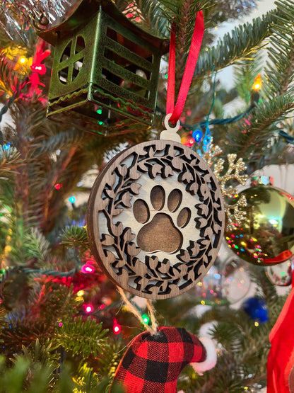 Paw Print Wooden 3D Ornament | Walnut and Maple | Laser Cut and Engraved