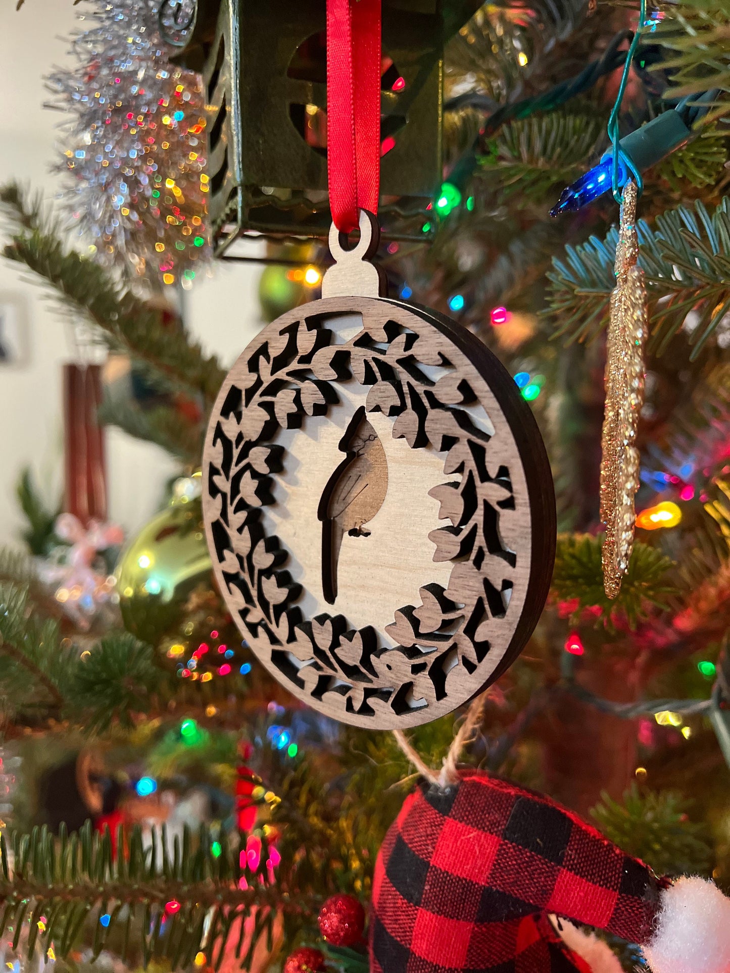 Cardinal Wooden 3D Ornament | Walnut and Maple | Laser Cut and Engraved