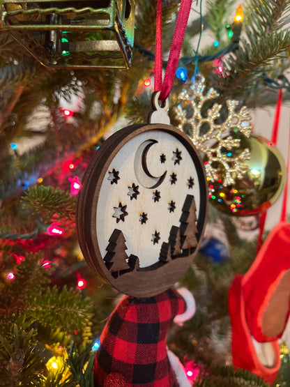 Starry Trees Wooden 3D Ornament | Walnut and Maple | Laser Cut and Engraved