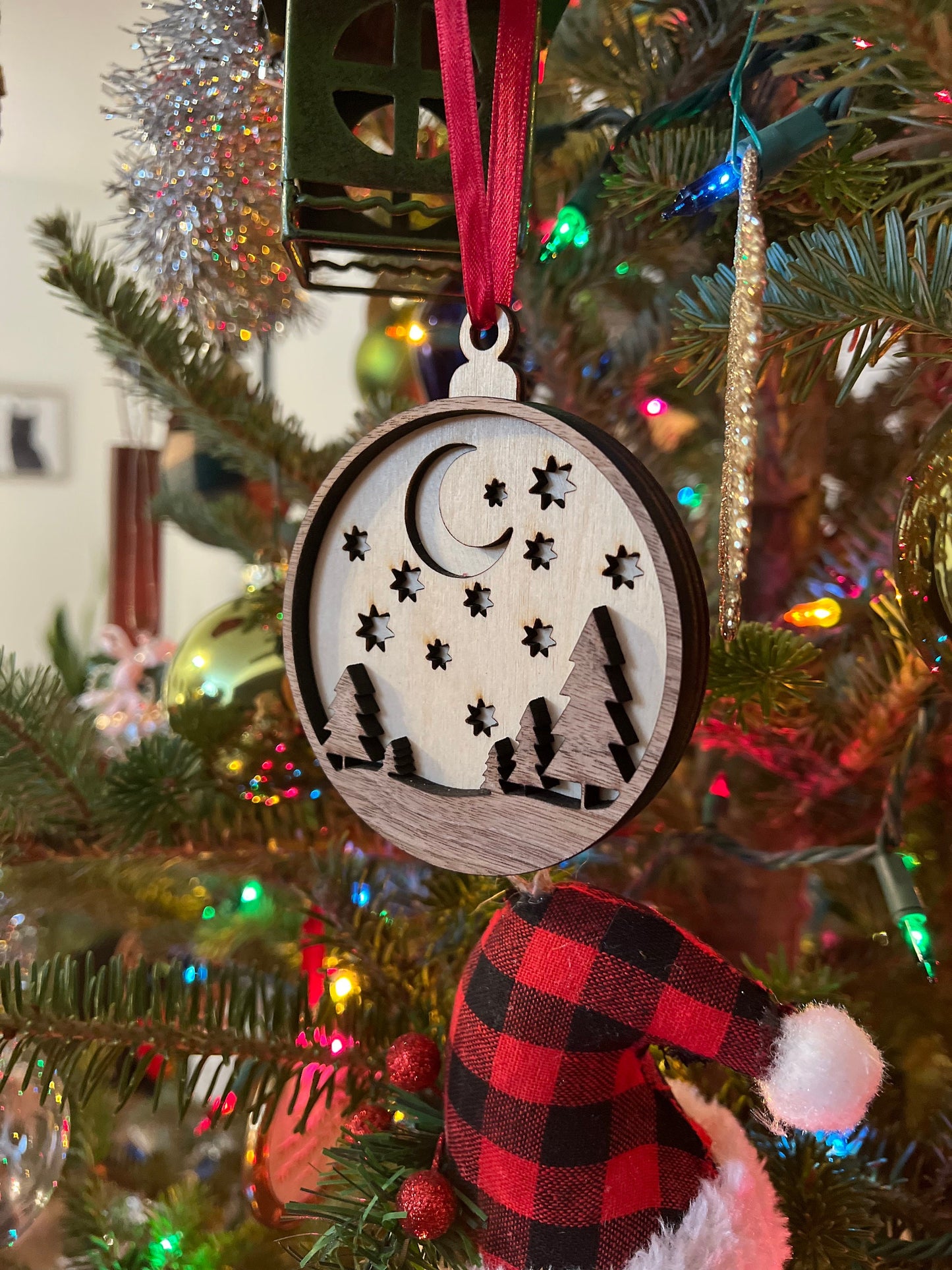 Starry Trees Wooden 3D Ornament | Walnut and Maple | Laser Cut and Engraved