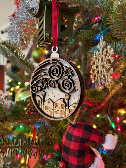 Snowy Town Wooden 3D Ornament | Walnut and Maple | Laser Cut and Engraved