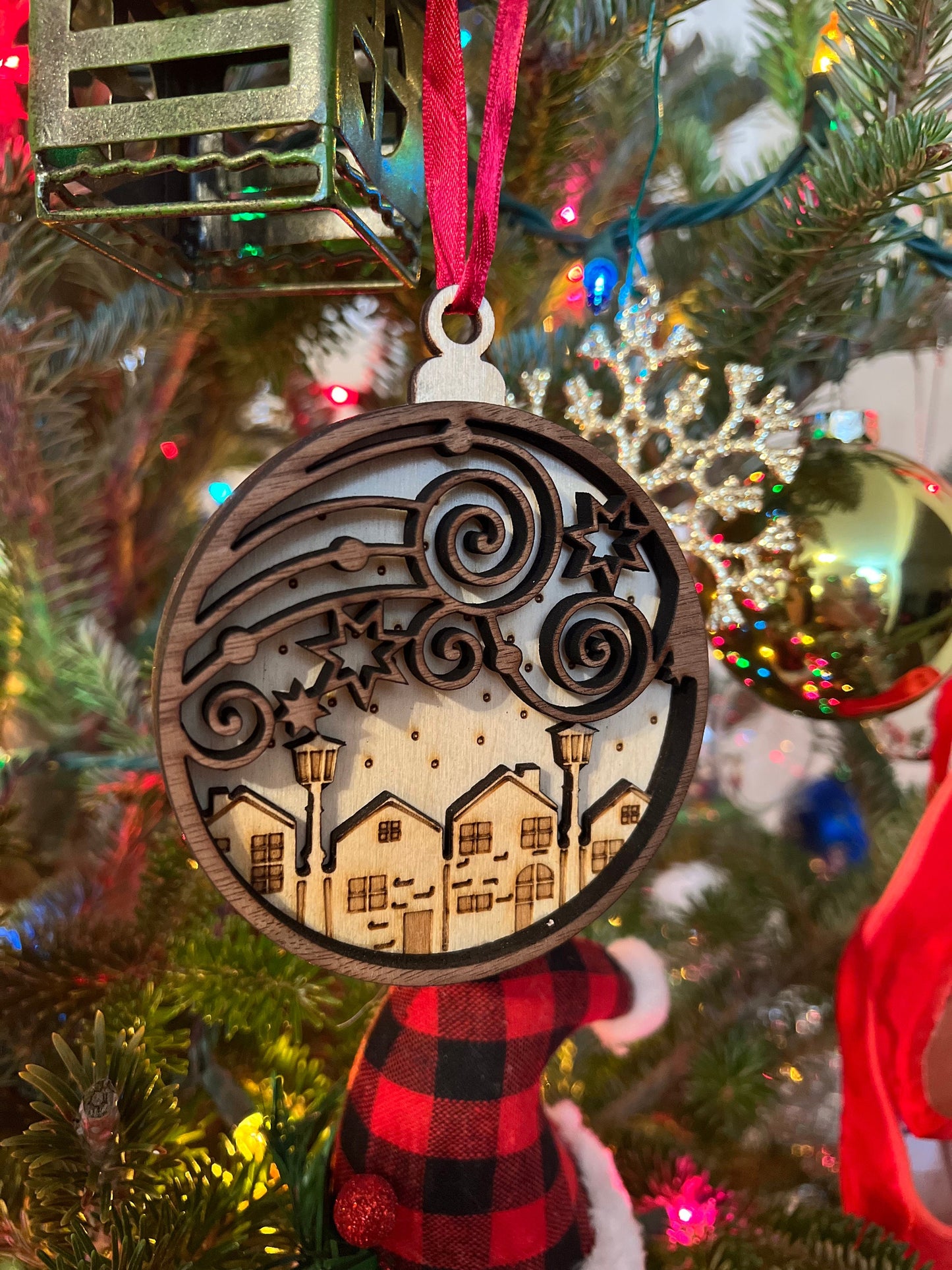 Snowy Town Wooden 3D Ornament | Walnut and Maple | Laser Cut and Engraved