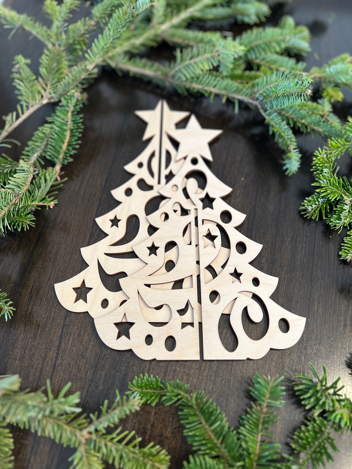 Laser Cut Wooden Christmas Tree | Star and Swirl