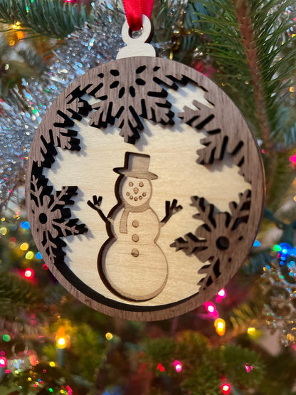 Snowman Wooden 3D Ornament | Walnut and Maple | Laser Cut and Engraved