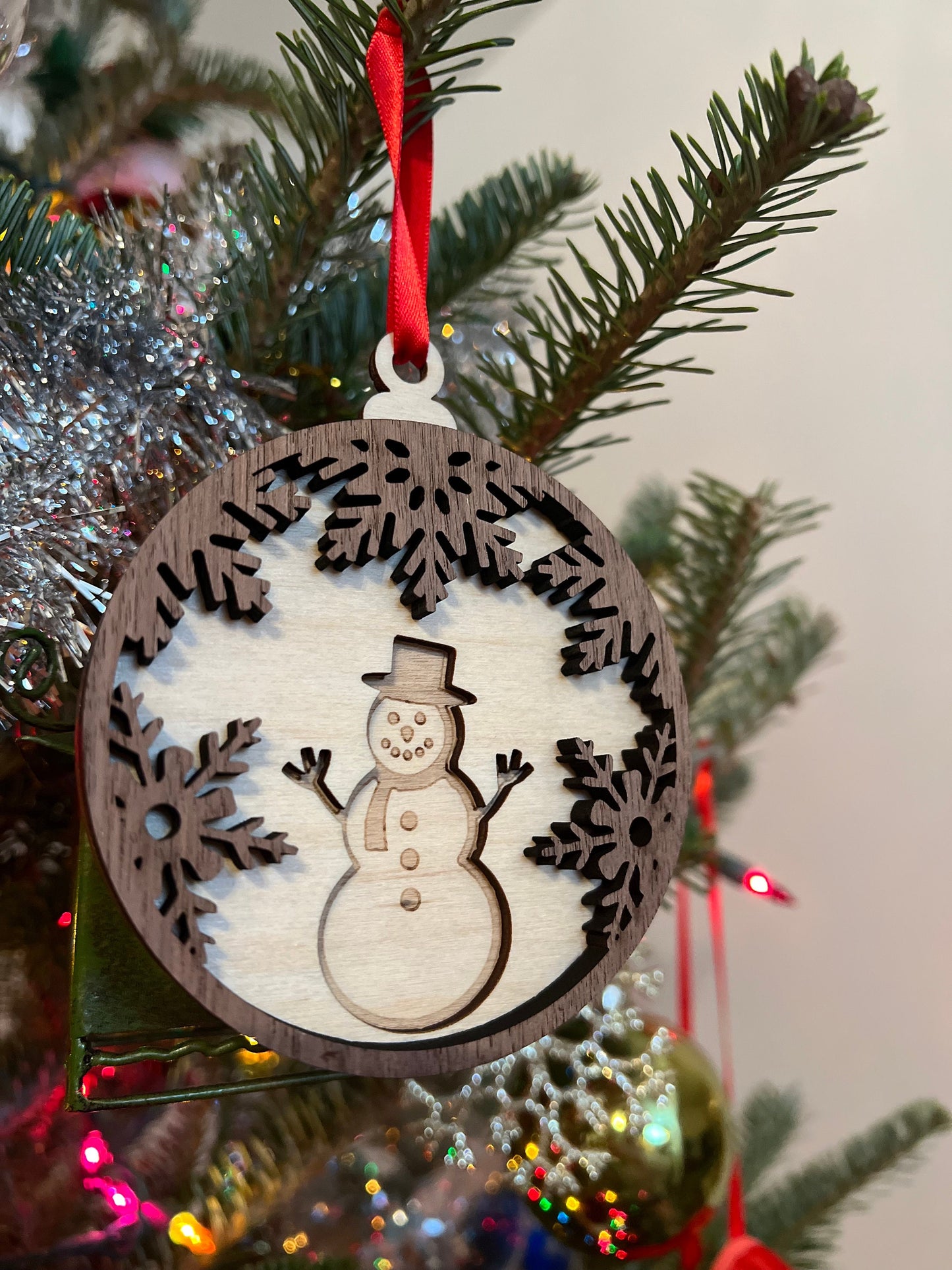 Snowman Wooden 3D Ornament | Walnut and Maple | Laser Cut and Engraved