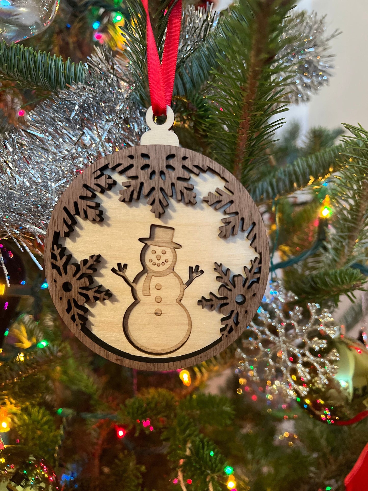 Snowman Wooden 3D Ornament | Walnut and Maple | Laser Cut and Engraved